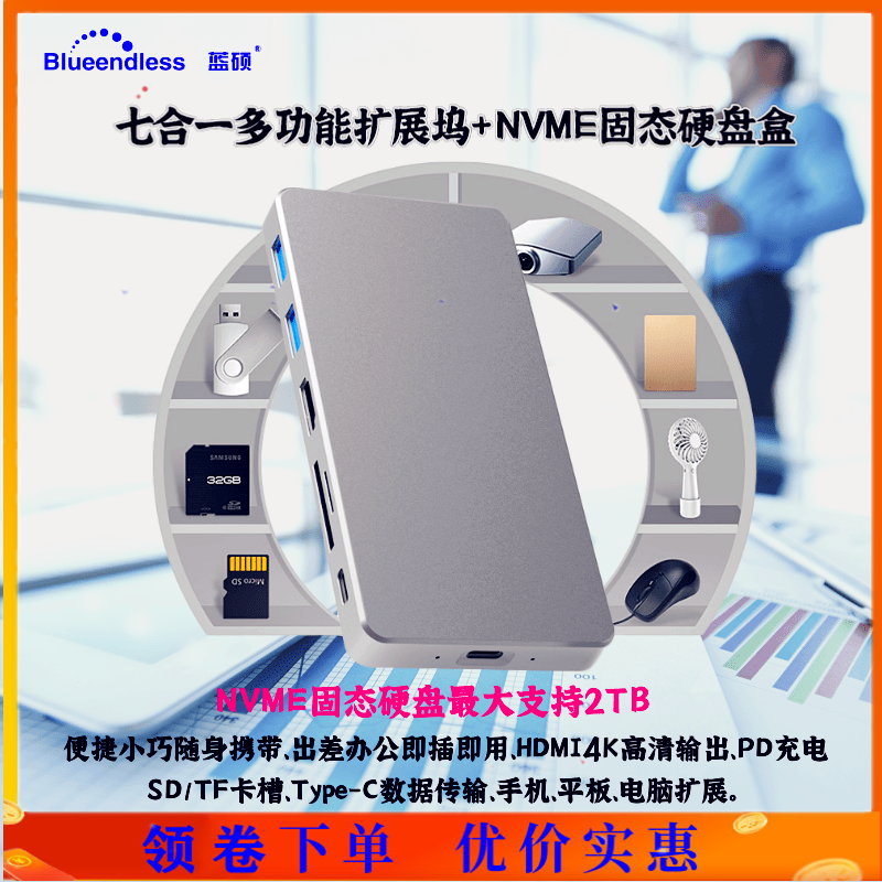 蓝硕M.2NVME固态硬盘盒PD充电Type-c七合一外接USB扩展坞HDMI接口