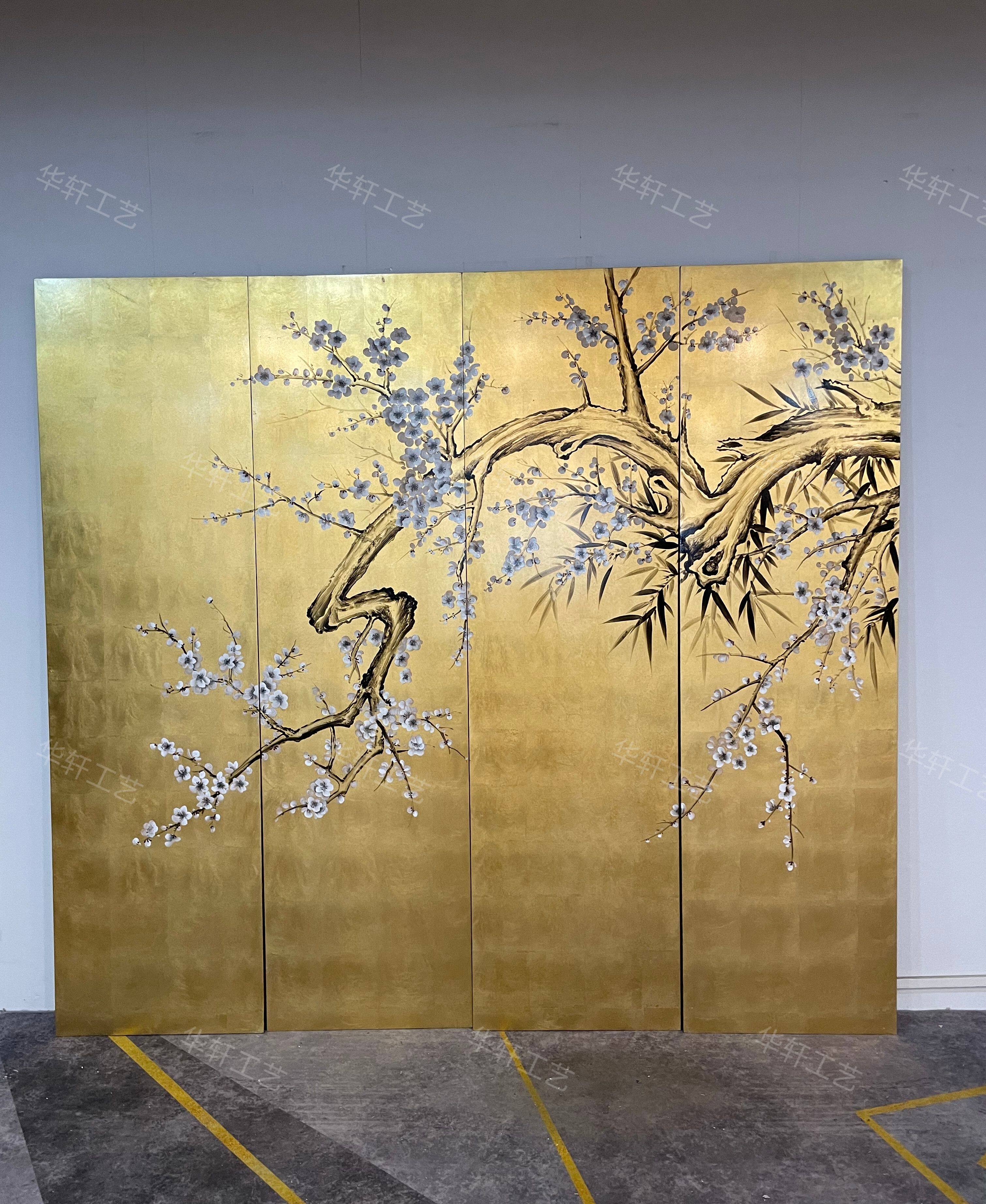 日式手绘复古金箔屏风梅花设计师款客厅折屏隔断新中式茶室定制款