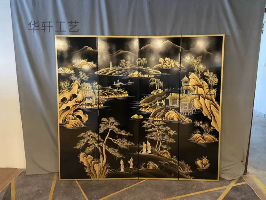 定制黑色底描金山水手绘漆画隔断玄关移动折屏背景墙中古屏风中式