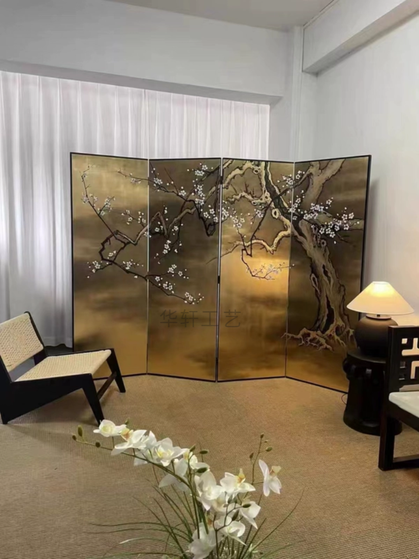 定制折屏金箔手绘漆画复古效果梅花新中式茶室客厅隔断背景墙屏风
