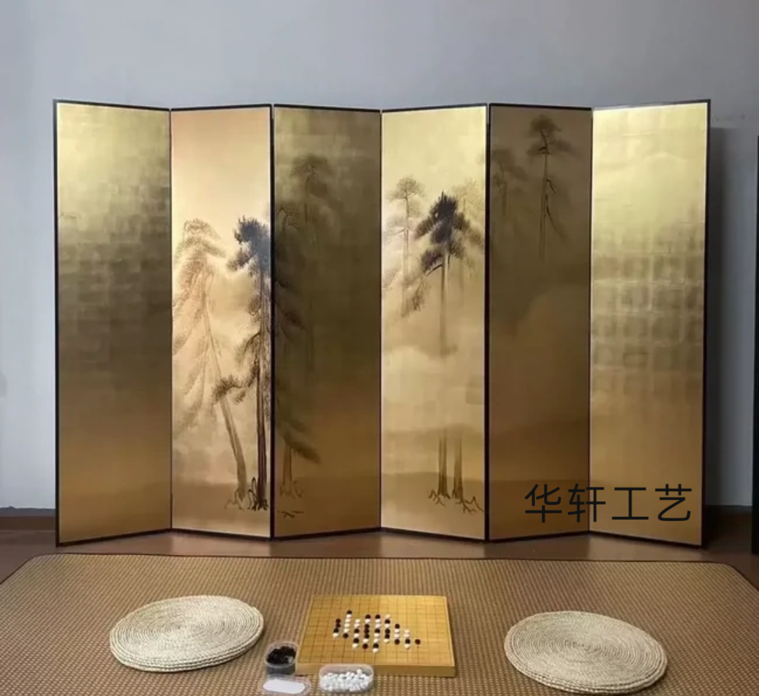 定制日式金箔松树漆画折屏移动屏风中古手绘隔断玄关茶室沙发背景