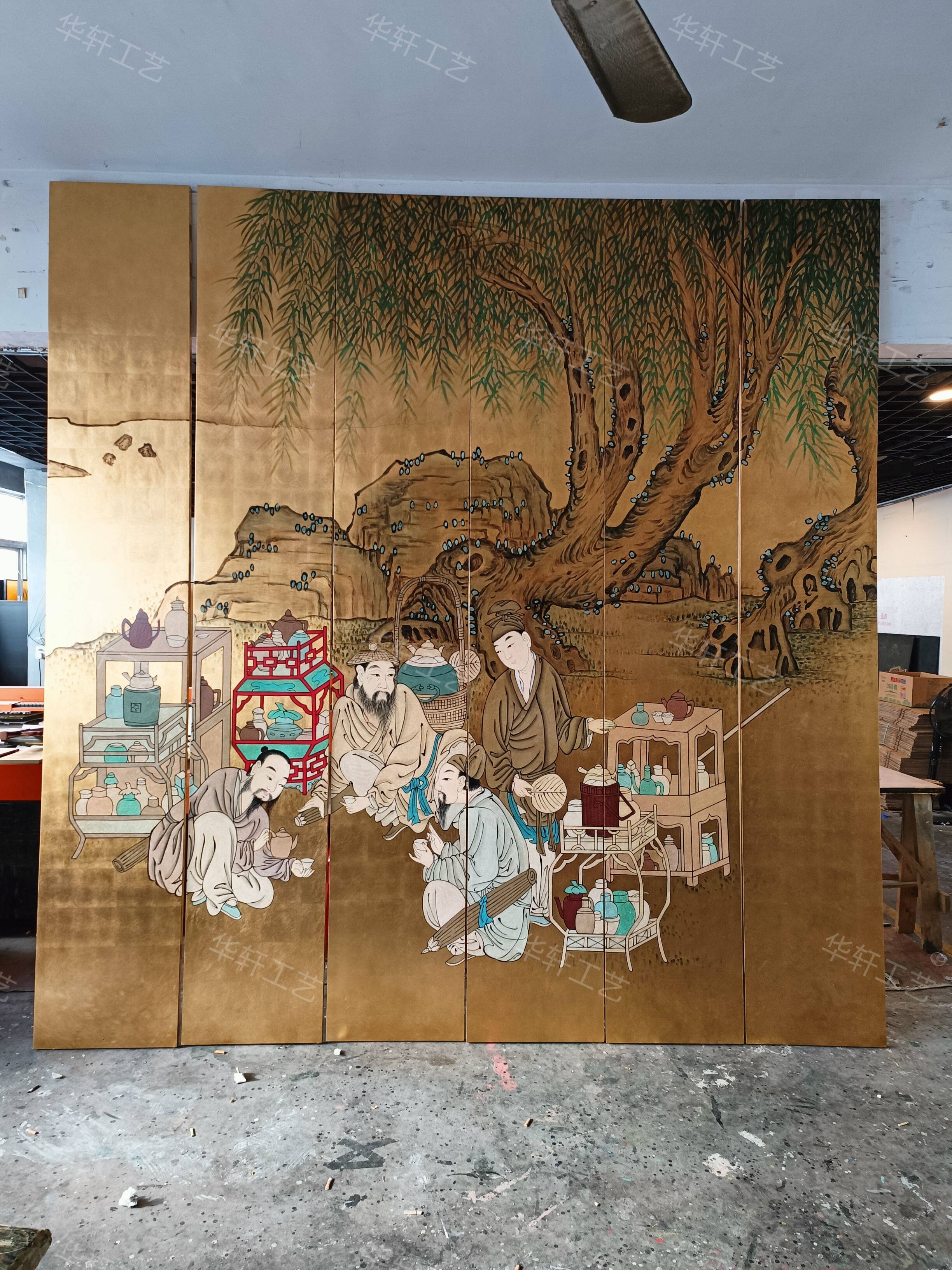 定制北宋人物屏风品茶图手绘漆画金箔背景墙隔断中古茶室折叠移动