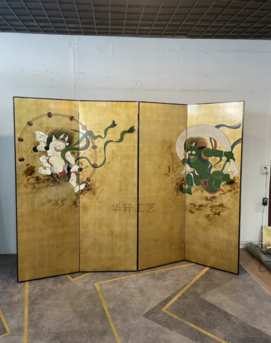 定制金箔屏风漆画隔断古典复古折屏手绘风神雷神日式人物画背景墙