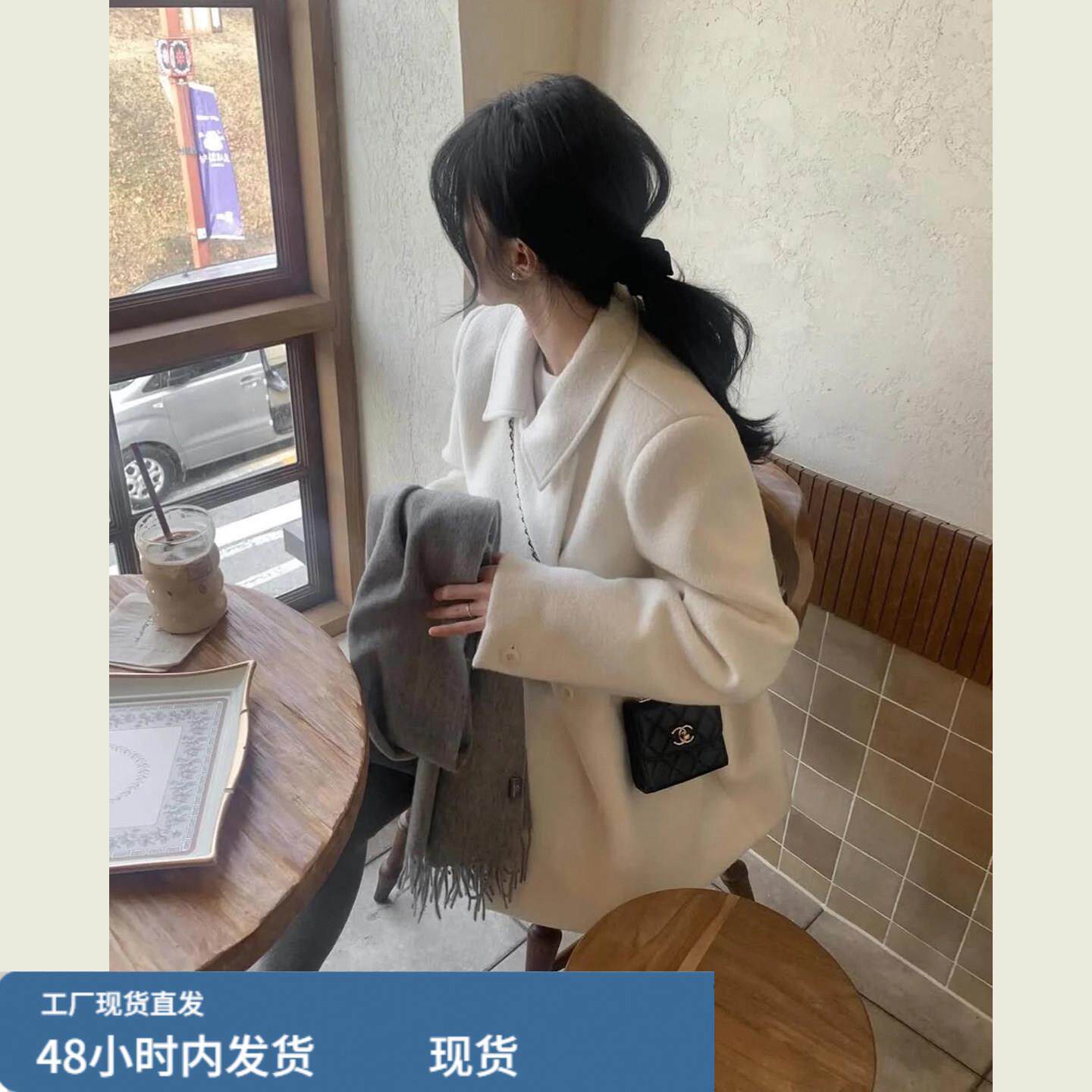 韩系白色翻领双排扣毛呢外套女冬季新款小个子中长款宽松呢子大衣
