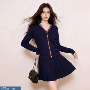 大尺码女装针织套装V领上衣百褶半身裙秋冬通勤显瘦优雅两件套