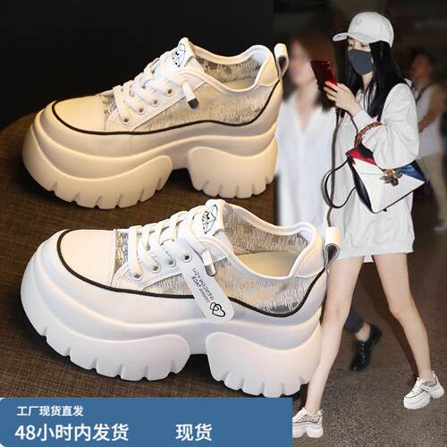 内增高透气网面小白鞋女款2026夏季薄款新款厚底一脚蹬懒人休闲鞋