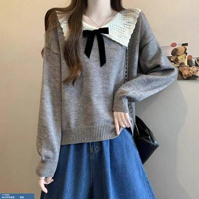 灰色娃娃领针织打底衫女秋冬义乌内搭大朗毛衣广州十三行短款上衣