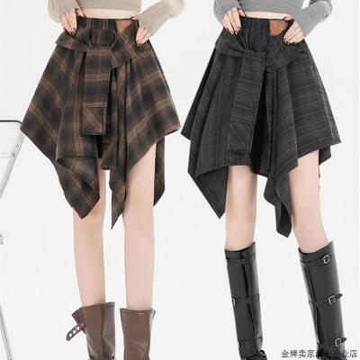 不规则格子短裙半身裙女秋冬季2025新款高腰设计感覆古a字大摆裙
