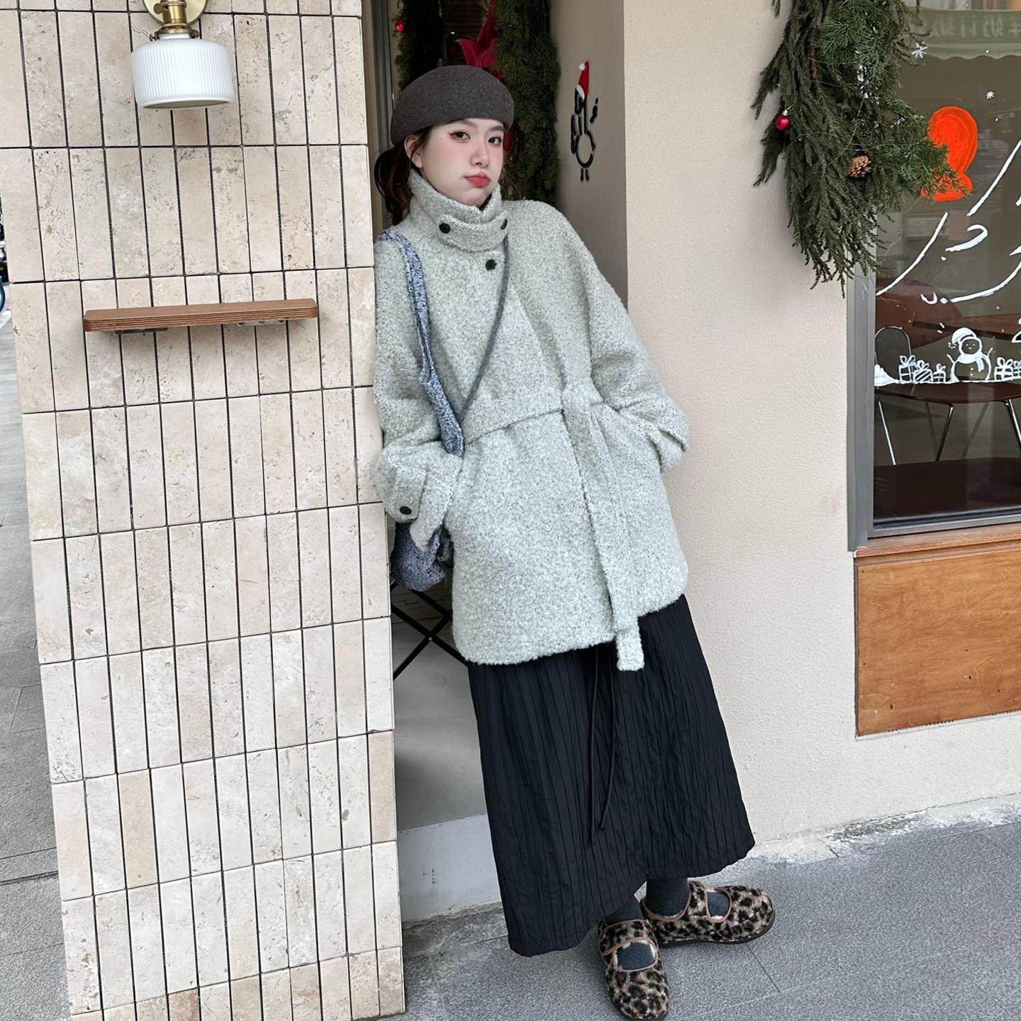 韩系赫本风灰色立领圈圈毛毛呢大衣女秋冬季小个子中长款系带外套,运动/瑜伽/健身/球迷用品,广场舞套装,淘宝优惠券,粉丝福利购,淘宝优惠卷