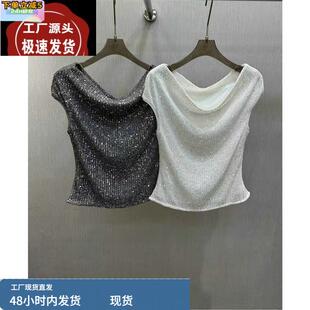 大码女装法式重工亮片小个子纯欲风一字肩无袖背心女2025夏季新