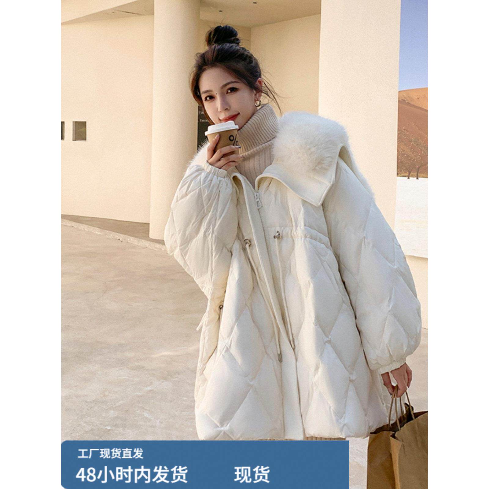 菱格羽绒服女冬季大毛领韩版宽松2025新款韩版收腰90白鸭绒外套潮