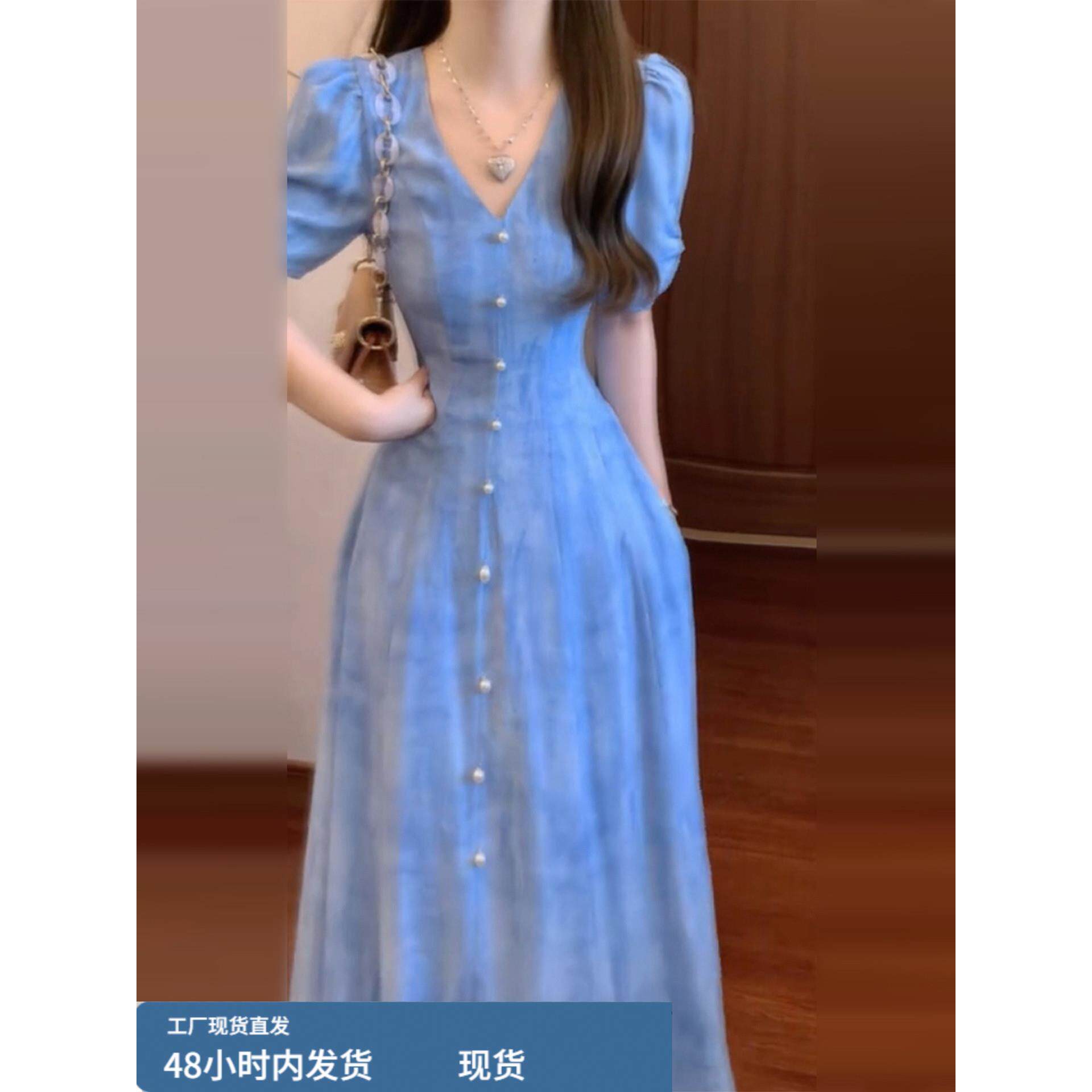 法国温柔风格蓝色泡芙袖女装2025夏季新款高端美丽腰长裙