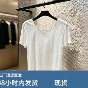 白色V领短袖T恤女夏季欧货薄款量感透气交叉绑带宽松显瘦百搭上衣