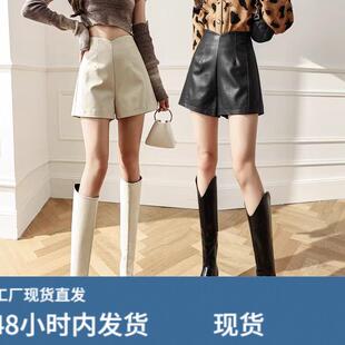 黑色PU皮短裤女秋冬新款高腰哑光辣妹外穿时尚a字阔腿休闲靴裤子
