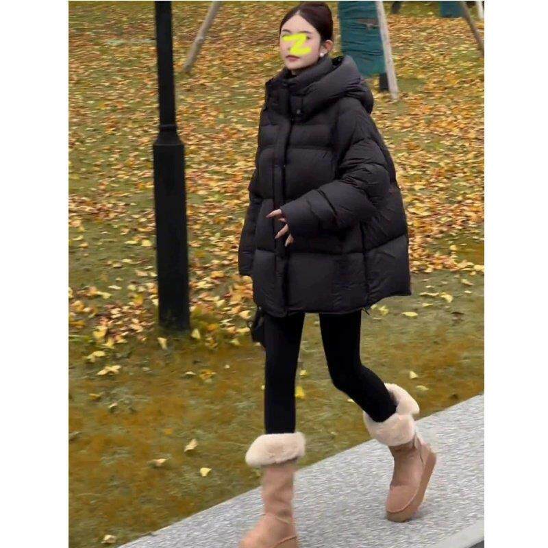 黑色羽绒服女中长款2025新款韩版保暖加厚白鹅绒羽绒面包服外套冬