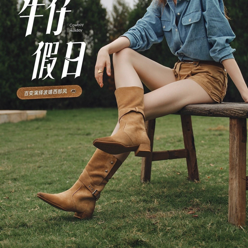 2025新款女鞋牛仔假日冬季波嬉风堆堆靴美拉德西部牛仔骑士靴子女
