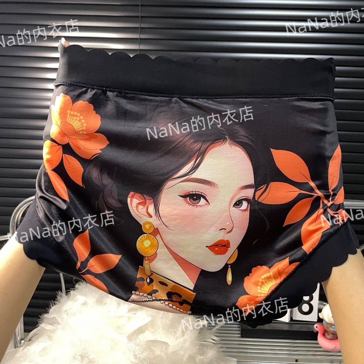 开学季漫画风女神卡通潮胖mm无痕透气面膜料轻奢性感中腰抗菌裤