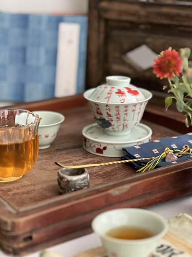 王老师手作釉下彩盖碗 书法功夫茶二才小茶碗80cc中式办公室茶具