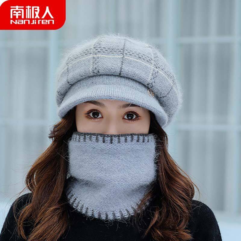 南极人针织帽套装女秋冬显脸小加厚护颈渔夫帽大头围妈妈帽子骑行