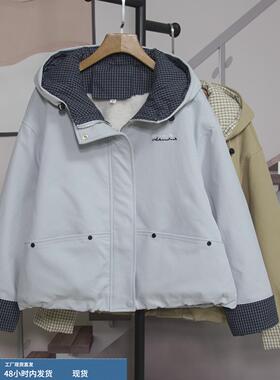 时尚连帽加绒外套女2025秋冬新款宽松百搭休闲格子撞色上衣97012