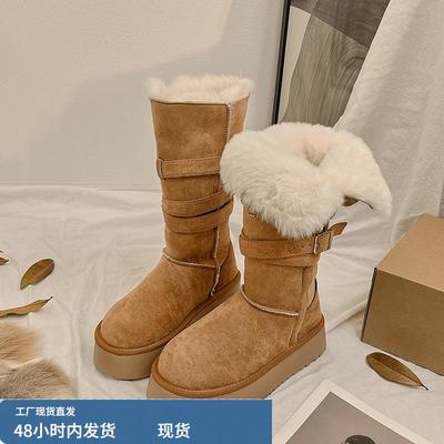 真皮~厚底灰色雪地靴女2025冬季新款加厚绒增高搭扣长筒雪地棉鞋
