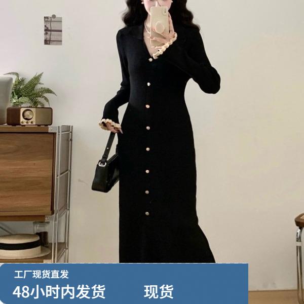 法式黑色针织连衣裙女2025冬季大码胖mm气质巨显瘦内搭打底毛衣裙