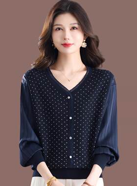 秋装女款2026新款V领烫钻