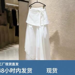 白色拼接屁帘高腰半身裙女夏季系带设计遮胯显瘦温柔风A字中长裙
