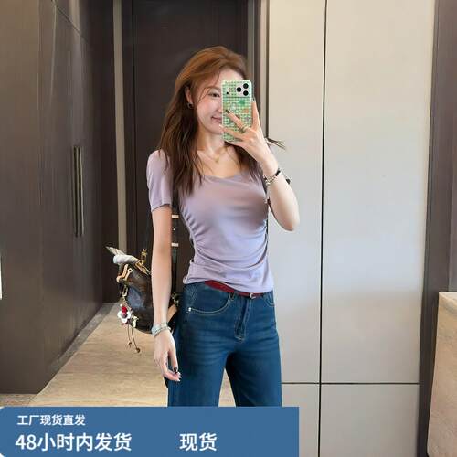 大尺码女装温柔风纯色方领短袖上衣微胖MM修身显白掐腰排汗方领T