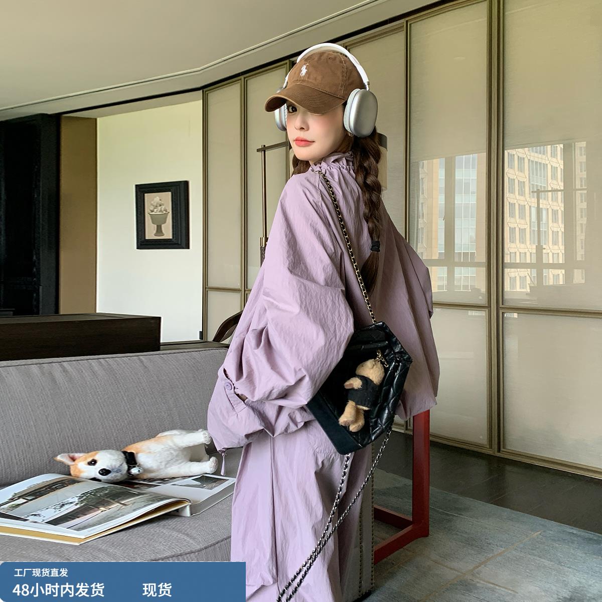 紫色运动休闲套装女春秋巨好看早秋一整套冲锋衣外套休闲裤两件套