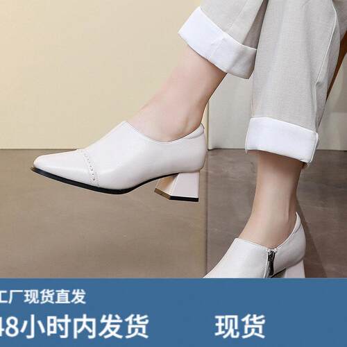 313233头层牛陂方头单鞋女新款粗跟中跟工作皮鞋舒适软底妈妈鞋秋