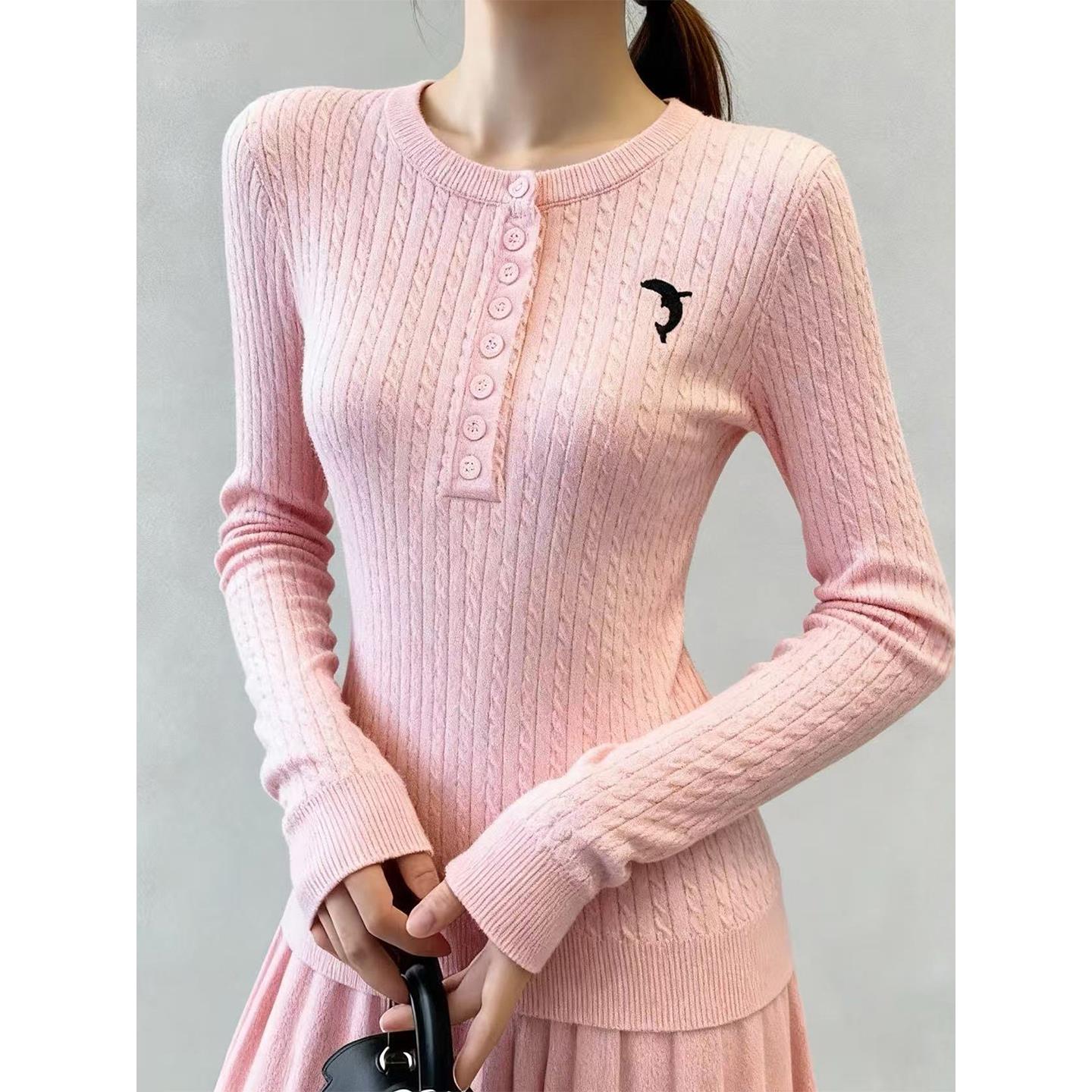 温柔风甜美半开领麻花针织衫女2025秋季新款修身显瘦纽扣洋气上衣