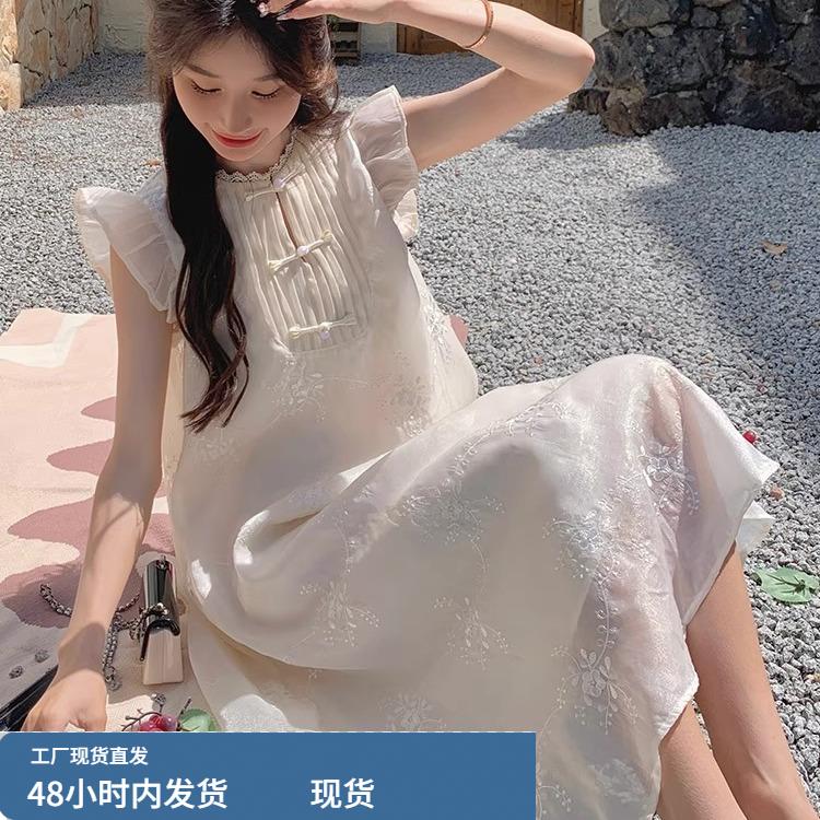 新中式刺绣白色连衣裙女2025夏季大码胖mm法式温柔风国风旗袍裙子