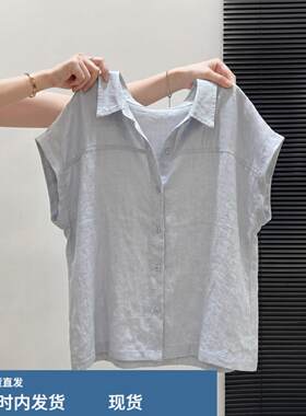 法式雾霾蓝色亚麻棉麻衬衫短袖女夏通勤穿搭宽松小飞袖蝙蝠袖衬衣