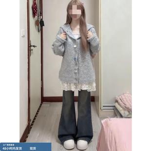 微喇叭加绒加厚牛仔裤女秋冬季新款初中高中学生低腰显瘦阔腿裤子