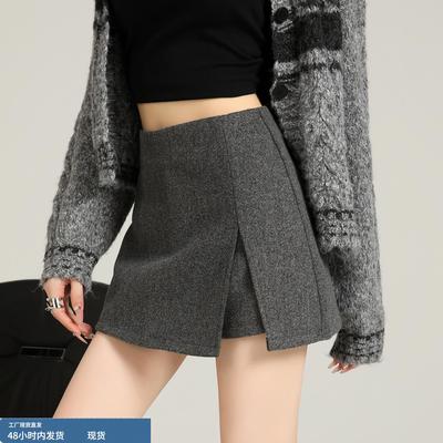 灰色加厚毛呢半身裙女秋冬2025新款小个子高腰A字侧开叉包臀短裙