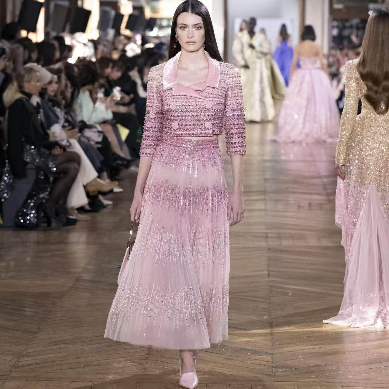 Georges Hobeika 粉色两件套中袖手工珠钻名媛约会派对订婚小礼服