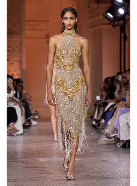 Zuhair Murad 美式复古盖茨比风金色高领珠串流苏亮闪闪晚礼服