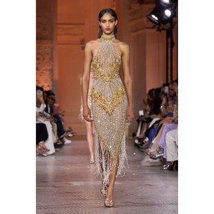 Zuhair Murad 美式复古盖茨比风金色高领珠串流苏亮闪闪晚礼服