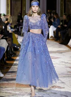 Zuhair Murad 蓝紫色露腰泡泡袖中长款日常约会生日派对晚礼服