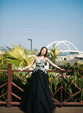 迪丽热巴黑色抹胸刺绣花朵 Elie Saab 红毯走秀年会晚礼服定做