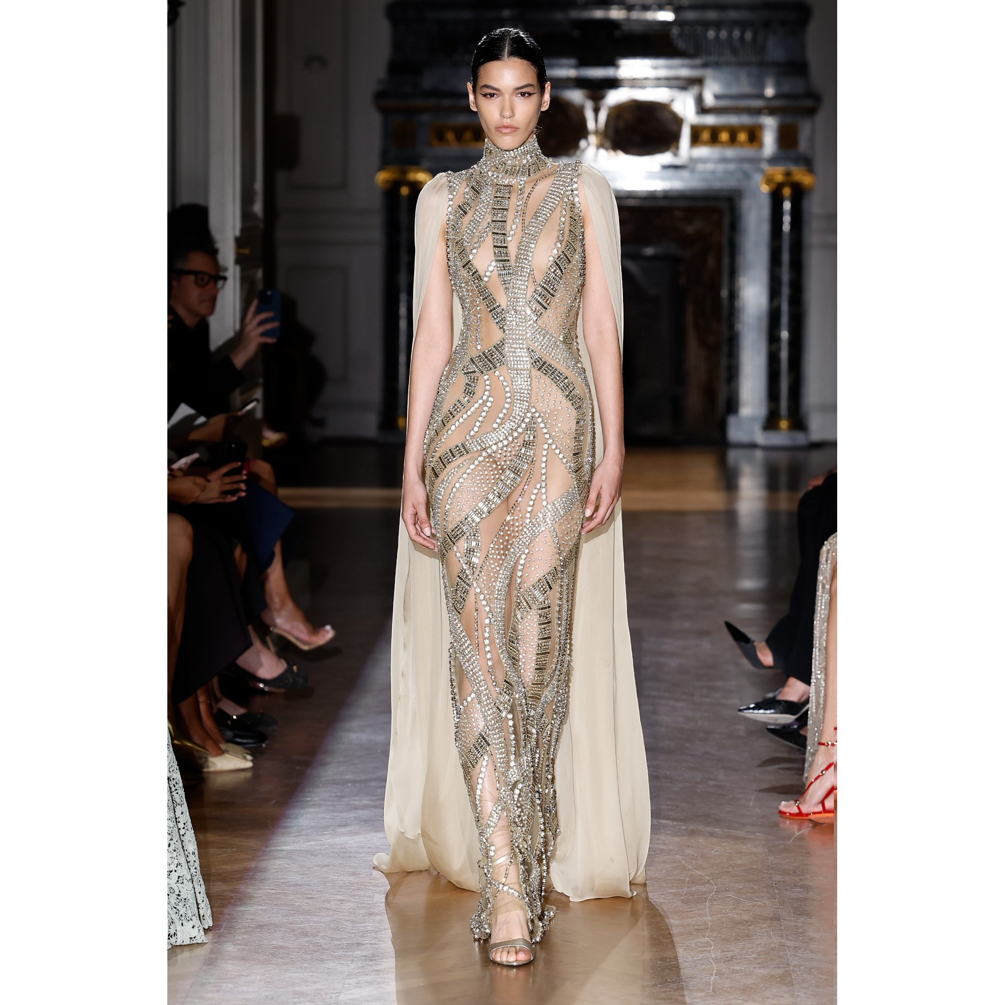 Zuhair Murad 香槟色高领性感修身披肩袖红毯晚礼服结婚敬酒服