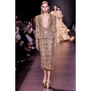 Georges Hobeika 盖茨比复古金色中袖奢华钉珠手套短款小礼服高定