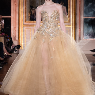 Zuhair 优雅蓬蓬纱婚礼迎宾服高档晚礼服 Murad 香槟金抹胸时尚