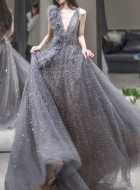 marchesa 灰色V领星星散点钉珠年会演出酒会晚礼服新娘结婚妈妈装
