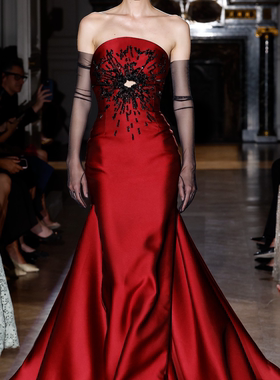 Zuhair Murad 红黑色性感抹胸修身鱼尾缎面晚礼服红毯新娘敬酒服