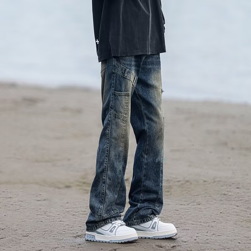 美式复古半松紧牛仔裤子男潮牌vibe高街微喇青年工装宽松直筒长裤