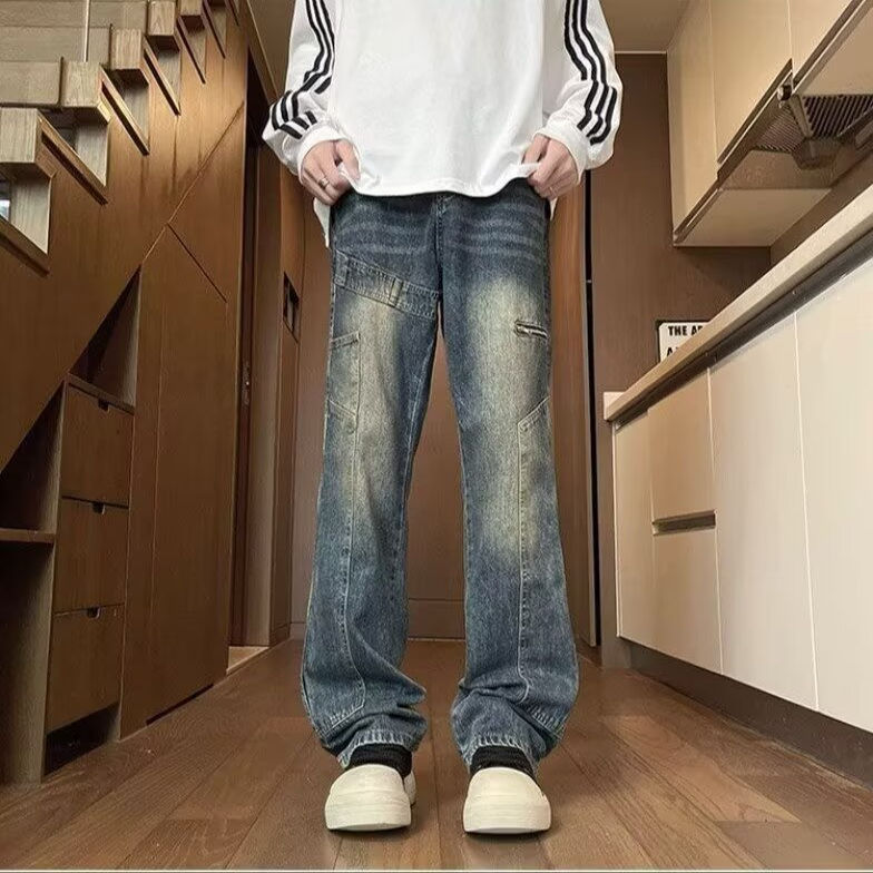美式复古做旧牛仔裤蓝色男款高街直筒微喇解构拉链伐木工装长裤子