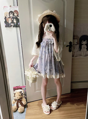 丹丹吃不饱古着紫色碎花蕾丝度假吊带裙披肩小套装