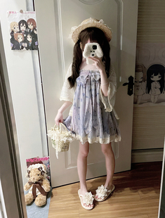 丹丹吃不饱古着紫色碎花蕾丝度假吊带裙披肩小套装